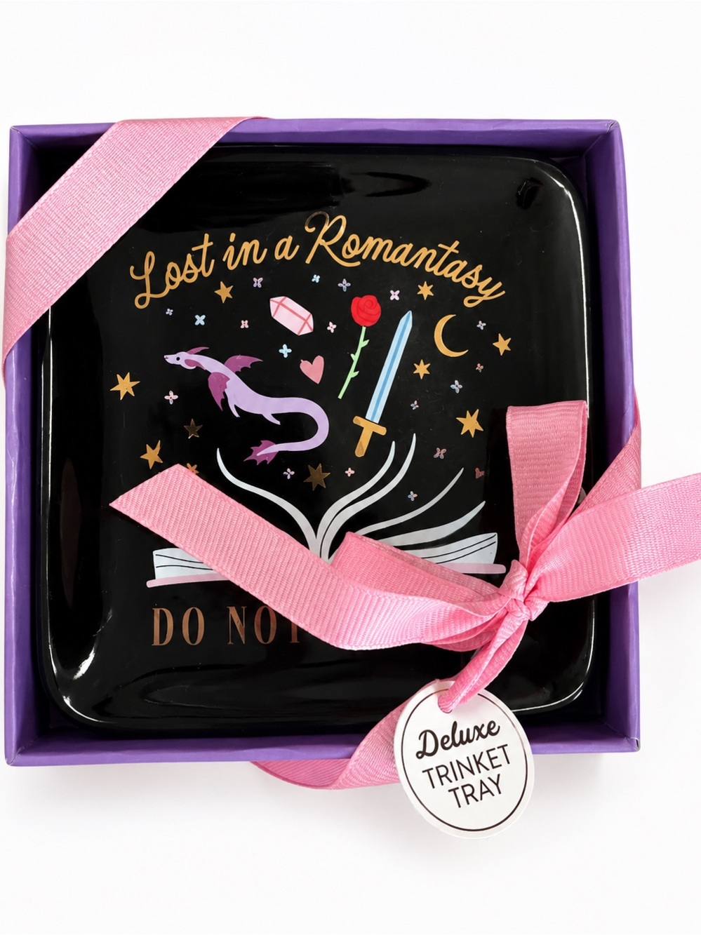 Eccolo Black Trinket Tray with Pink Ribbon and Purple Art